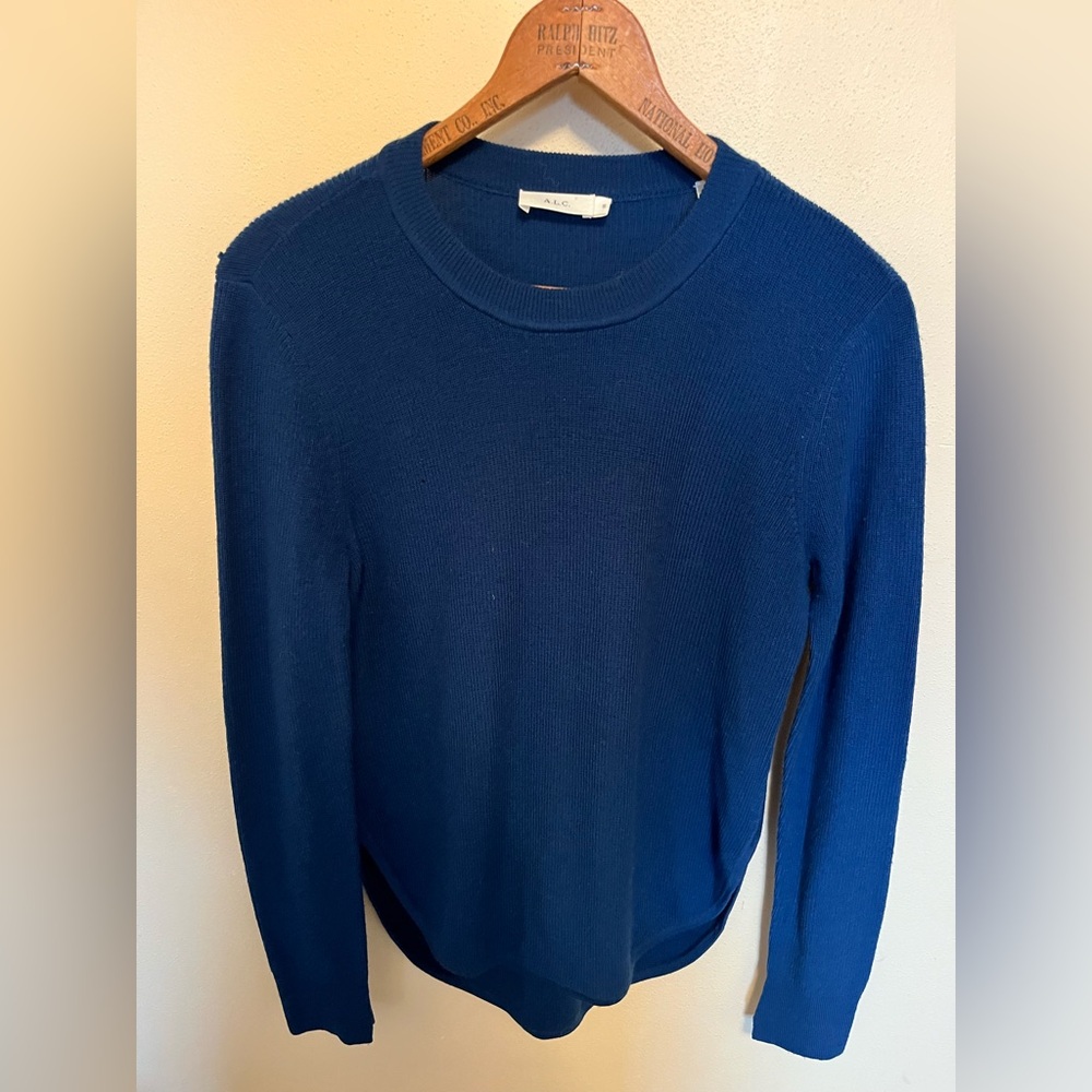 A.L.C. Classic Blue Ribbed Crew Neck 100% Merino Wool Sweater - S